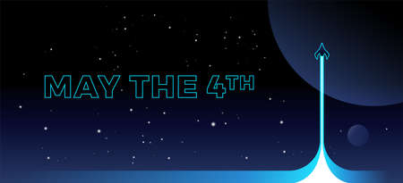 May the 4th abstract space background with a spaceship, planet and blue shining light on starry sky - vector illustrationのイラスト素材