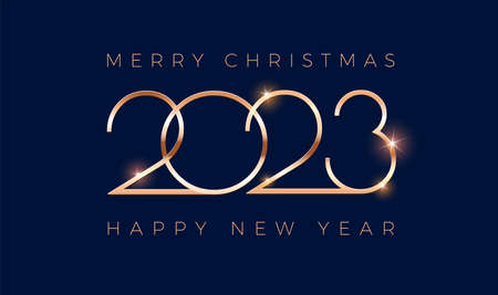 Luxury 2023 Happy New Year Merry Christmas greeting card - golden shine 2023 lettering on dark blue...
