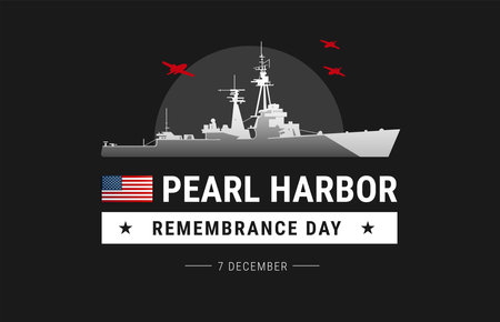 Pearl Harbor Attack Memorial Remembrance Day with a battleship and planes on black background - vector illustration perfect for Pearl Harbor conceptual banner, poster, web header, coverのイラスト素材