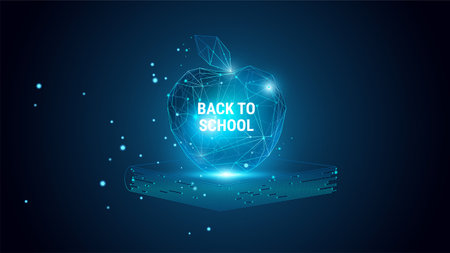 Back to School abstract technology concept - great for digital learning designs - Apple on book made of neural connections - abstract neon blue futuristic vector illustrationのイラスト素材