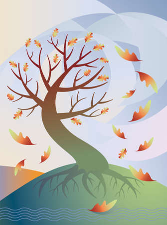 Vector illustration of a sinuous tree losing it's leaves in the wind in autumnのイラスト素材