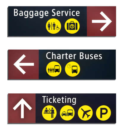Three Directional Airport Signs isolated on white backgroundの写真素材