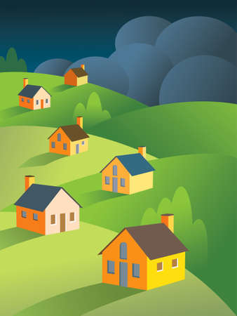 Dark, menacing storm clouds foreshadow storms for a peaceful group of houses. Good metaphor for the real estate/housing crisis.のイラスト素材