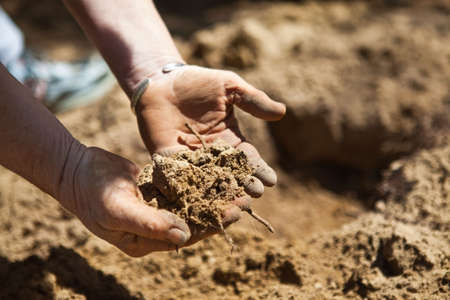 Closeup of hands holding recently tilled dirt in the garden prior to planting.の写真素材