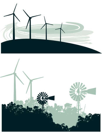 Two vector illustrations of old-fashioned windmill and trees contrasted with  a row of modern wind turbines on a のイラスト素材