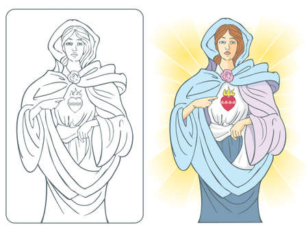 Vector illustration of the Virgin Mary with sacred heart of fire and roses のイラスト素材