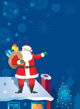 Santa Claus on the Rooftop at night with snowflakesのイラスト素材
