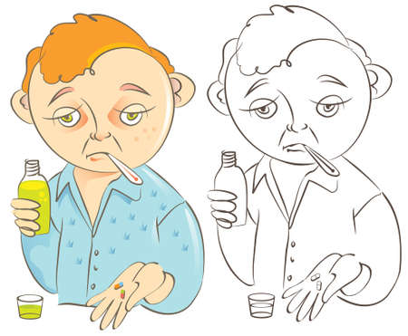 Vector cartoon illustration of a funny little man looking sick and sad with the flu or a bad cold, holding cough syrup bottle and pills.のイラスト素材