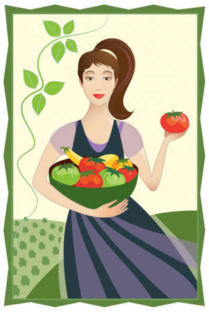 Vector illustration of smiling pretty woman holding big bowl of fresh tomatoes and squash in front of a farm fields background. Background and foreground on separate layers.のイラスト素材