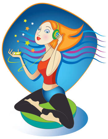 Vector illustration of woman in the yoga lotus position, listening to guided meditation or music on her mp3 player. のイラスト素材