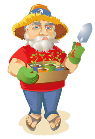 Happy old hippie gardener holding a box of seedlings in paper cups, wearing a straw hat, sandals and wire rimmed granny glasses.のイラスト素材