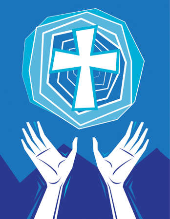 Hands raised in praise and prayer, with cross in the sky, mountains in background. Christian religious theme illustration. All elements on separate layers for easy editing.のイラスト素材