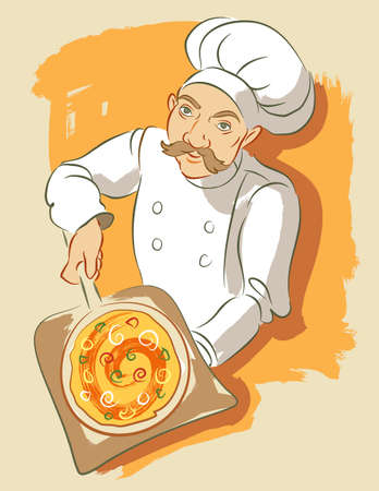 Illustration in a loose brushy style of a pizza chef removing pizza from oven. Elements on layers for easy color change.のイラスト素材