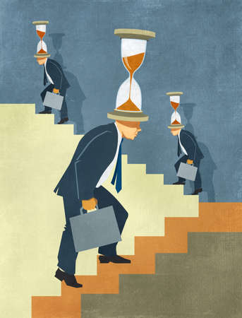 Illustration of businessman in suit climbing endless stairs with hourglass on his headの写真素材