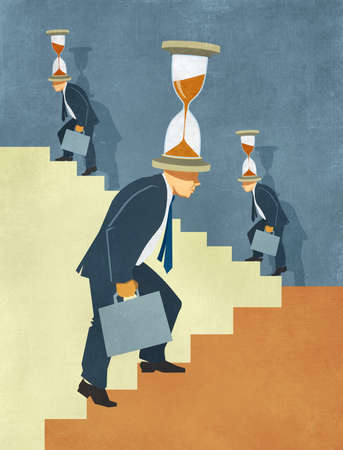 Illustration of businessmen climbing stairs under time pressure with hourglasses on heads の写真素材