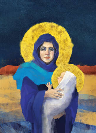Original freehand Virgin Mary holding Baby Jesus illustration/painting in full colorの写真素材