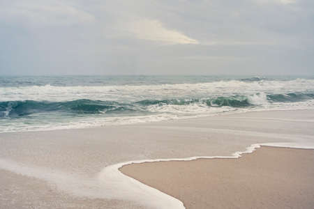 Artistic trealtment of beach landscape seascape. Foggy overcast day, lush muted coloring.の写真素材