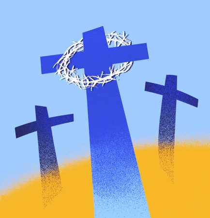 Crucifxion illustration of 3 crosses with crown of thorns on largest cross. Contemporary graphic style.の写真素材