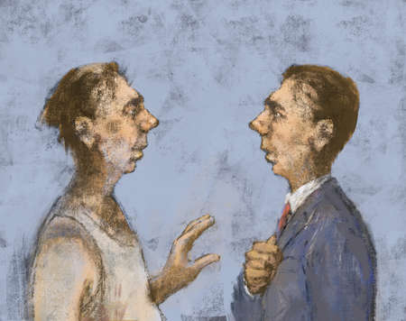 Illustration of successful businessman in suit looking shocked as he faces his own image as a homeless man asking for a handout.の写真素材