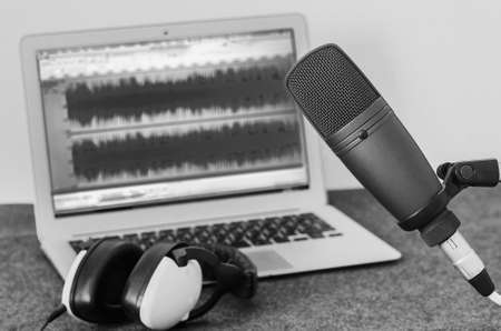 home recording studio: laptop, microphone, headphones