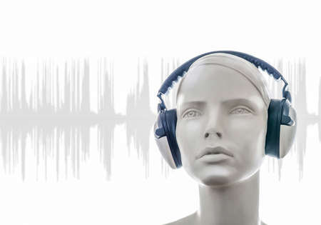 mannequin: female head with headphones and sound waveの写真素材