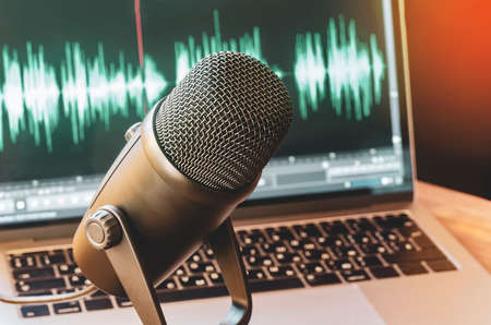 Home studio: microphone and wave form on laptop screenの写真素材
