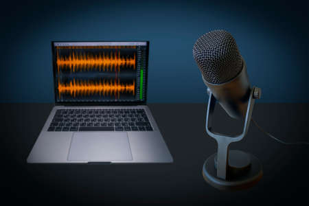 Professional microphone and wave form on the screenの写真素材