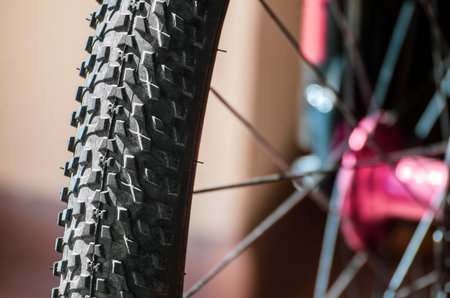 mountain bike front wheel backgroundの写真素材