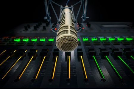 Professional microphone and sound mixer in radio station studioの写真素材