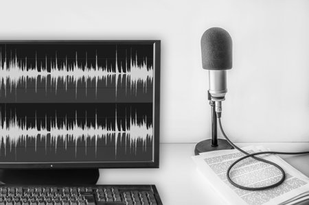 professional microphone and text on sheets of paper background