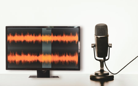 Background with condenser microphone and copy spaceの写真素材