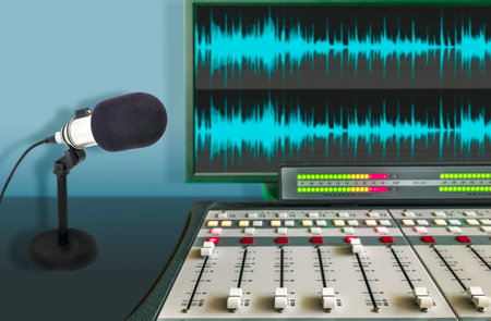 professional microphone, sound mixer and sound wave form on computer screenの写真素材