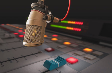 Professional microphone and sound mixer in radio station studioの写真素材