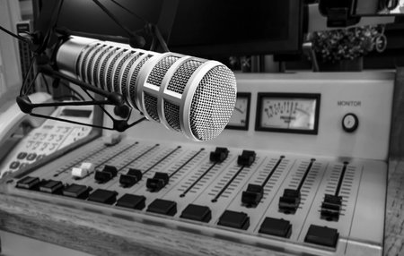 Professional microphone and sound mixer backgroundの写真素材