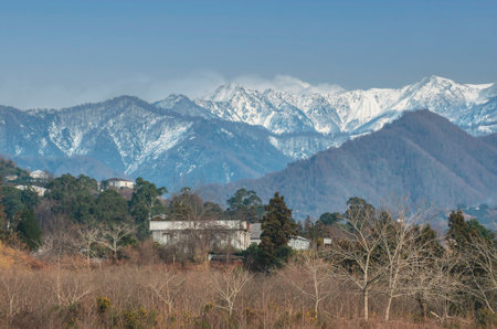 mountain landscape with snow on the peaks, winter in Georgia