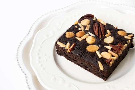 Close up Chocolate Brownie Cake on White Backgroundの写真素材