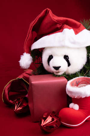 Panda Plush Doll wearing red Santa Claus Hat and Christmas Ornamentsの写真素材