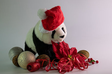 Panda Plush Doll wearing red Santa Hat  and Christmas Ornament  on White Backgroundの写真素材