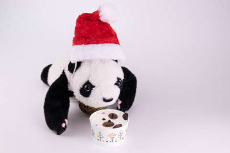 Panda Plush Doll wearing red Santa Hat  and Christmas Ornament  on White Backgroundの写真素材