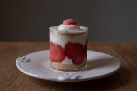 Raspberry and strawberry mousse cake in a glass on a wooden tableの写真素材