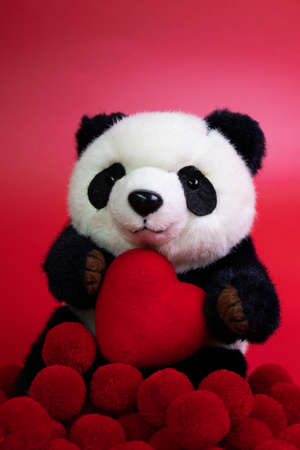 Panda Plush Doll Holding Red Heart on Red Backgroundの写真素材