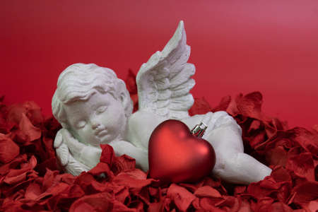 Cupid sleeping on Red Rose Petals , holding Red Heartの写真素材