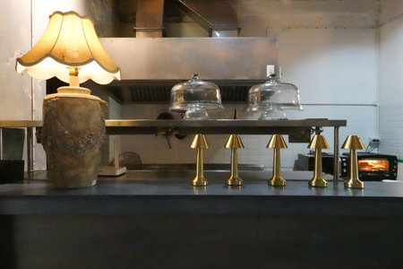 Interior of a restaurant with a counter and a coffee machine.の写真素材