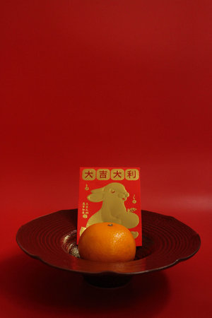 Orange and the Lucky Red Envelope with the Script in Chinese, Good Luck and Rabbit in Gold printedの写真素材