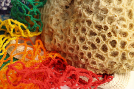 Colorful crochet crocheted on white background, closeup of photo