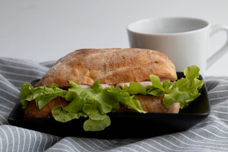 Healthy Sandwich , Ham and Cheese Ciabatta Bread on white background