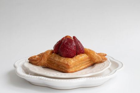 Strawberry fruit Tart on a white plate on a white background