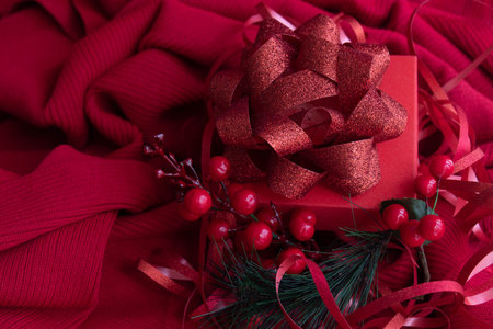 Red Glitter Bow, red gist Box , Red Berries with Green Firの写真素材