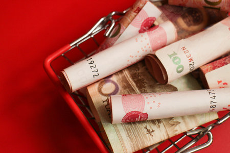 Mixed Chinese Money , Renminbi, on red backgroundの写真素材