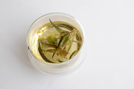 Herbal tea in a glass cup isolated on a white background.の写真素材
